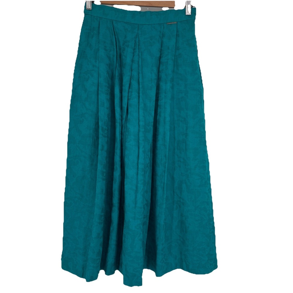 Geiger Womens Pleated Damask Midi Skirt 38‎ Teal Cotton Flax Preppy Old Money